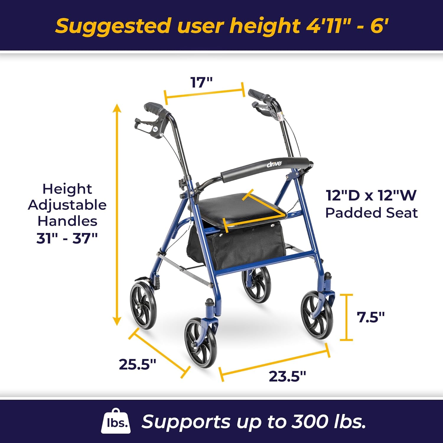 Drive Medical 10257BL-1 4 Wheel Rollator Walker With Seat
